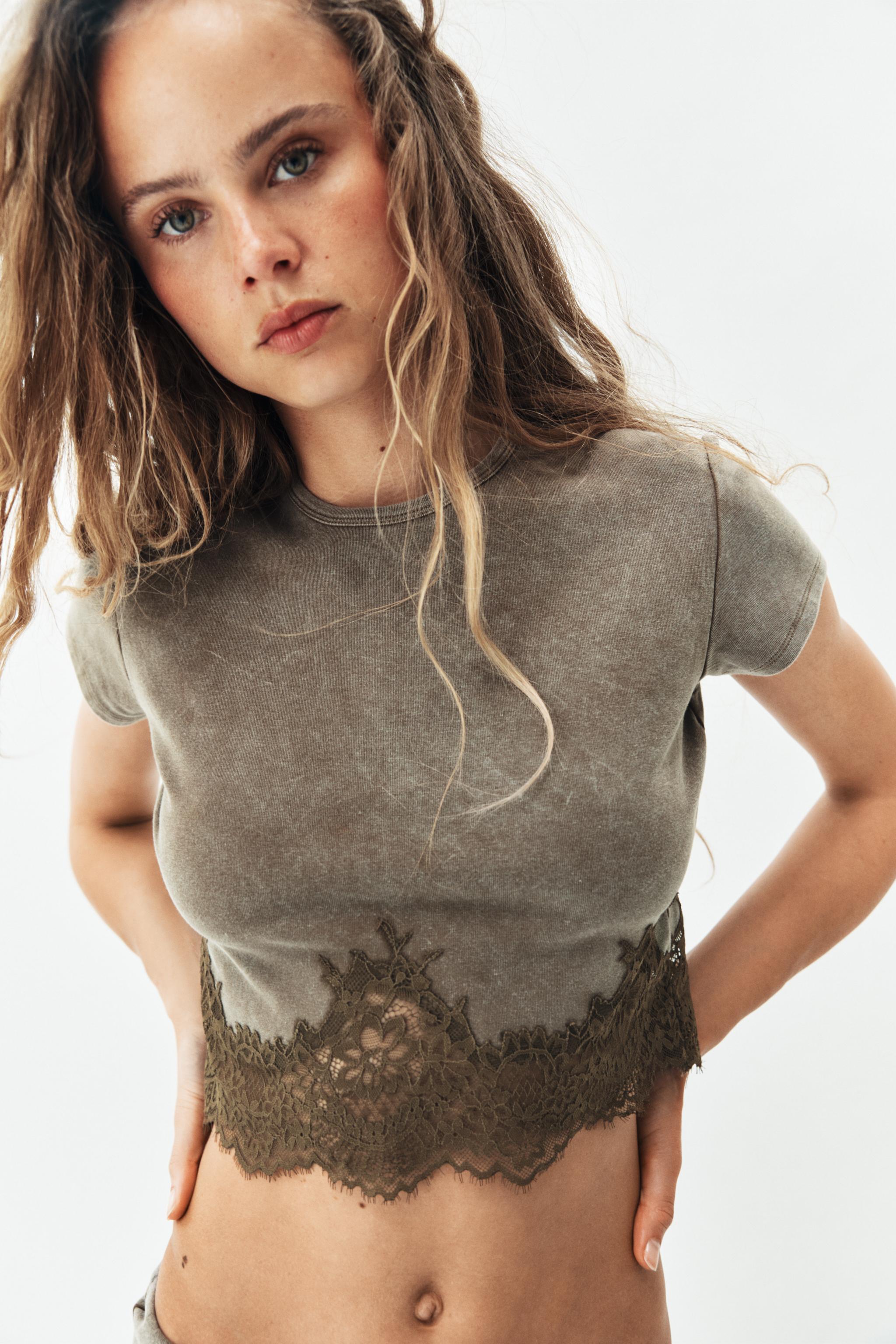 WASHED EFFECT LACE CROP TOP